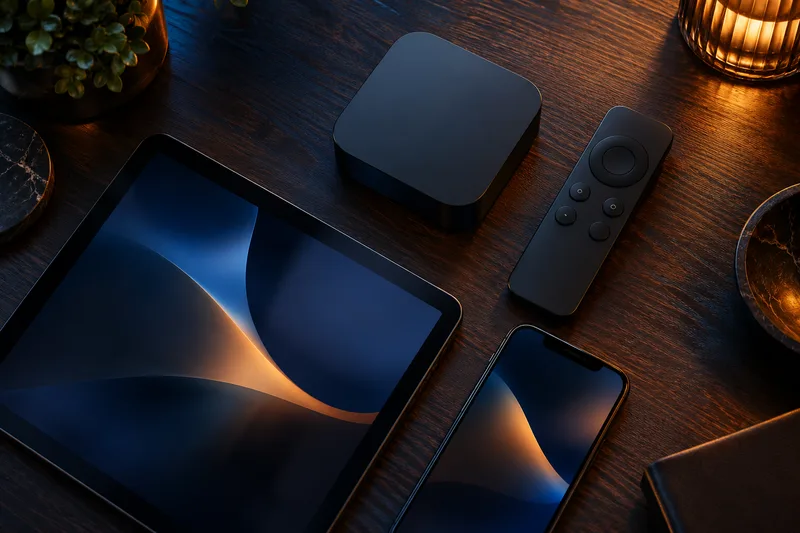 Boîtier, tablette et smartphone posés sur une table en bois