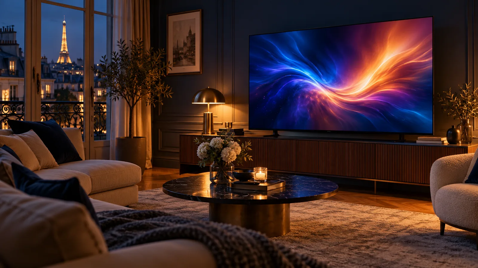 Salon en soirée avec un téléviseur connecté
