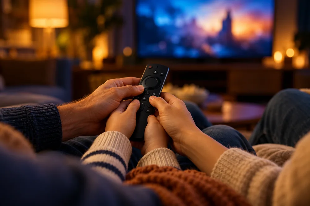 Télécommande en main devant un téléviseur, en soirée